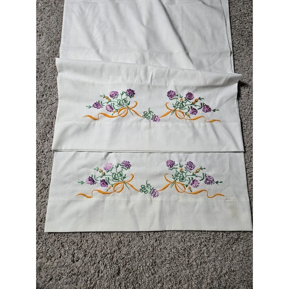 Vtg Floral Hand-Embroidered 2 Pillowcases Cross stitched White Grandmacore Chic
